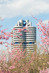 Image showing BMW headquarters tower office building in spring blossoming Olym