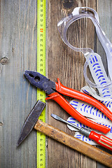 Image showing vintage tool set and safety gloves and glasses