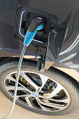 Image showing Modern electric car plugged in to power supply charging station