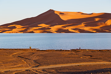 Image showing sunshine in the lake    desert   morocco sand and     dune