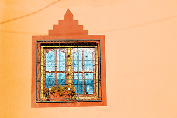 Image showing blue window in old  and brown wall  construction