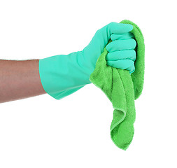 Image showing Hand wearing rubber glove and hold rag(mop)