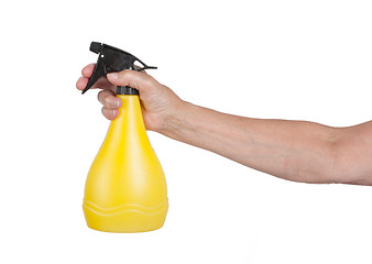 Image showing Sprayer in the hand of an old woman