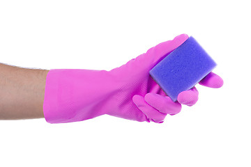 Image showing Mans hand in rubber glove with sponge isolated