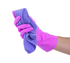 Image showing Hand wearing rubber glove and hold rag(mop)