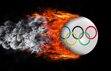 Image showing Flag with a trail of fire and smoke - Olympic rings