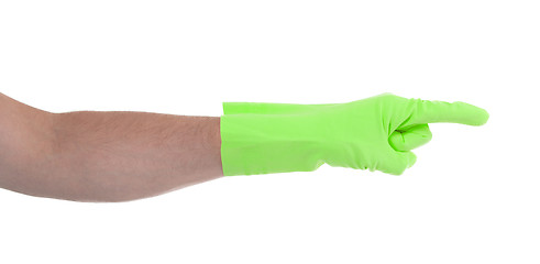 Image showing Hand in an cleaning glove making a directional sign