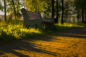 Image showing Park bench at sunset