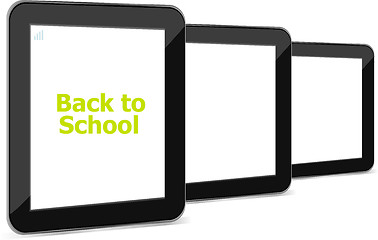 Image showing Tablet PC set with dack to school word on it, isolated on white