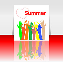 Image showing word summer and people hands, love hearts, holiday concept, icon design