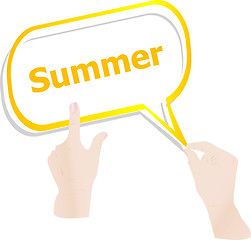 Image showing summer word on speech bubbles and people hand 