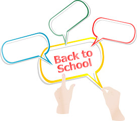 Image showing back to school. Design elements, hands and speech bubbles isolated on white, education concept