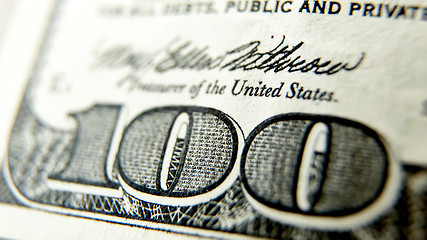 Image showing Macro close up of the US 100 dollar bill