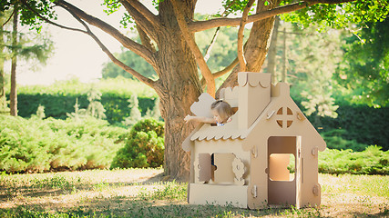 Image showing girl playing in cardboard house at city park