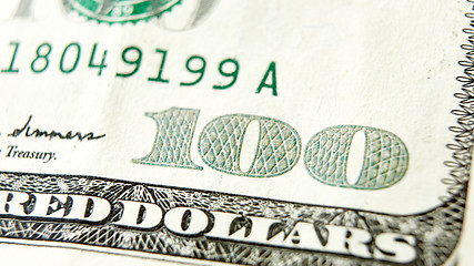 Image showing Macro close up of the US 100 dollar bill