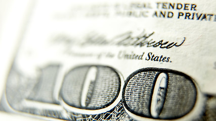 Image showing Macro close up of the US 100 dollar bill