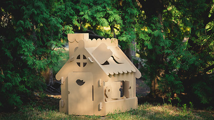 Image showing Toy house made of corrugated cardboard in the city park 