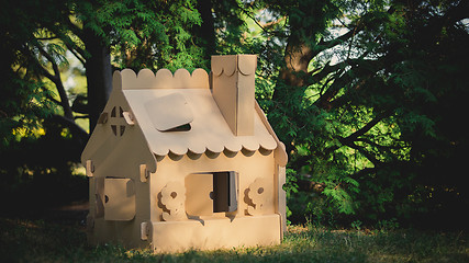 Image showing Toy house made of corrugated cardboard in the city park 