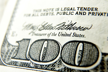 Image showing Macro close up of the US 100 dollar bill