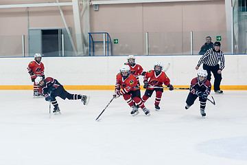 Image showing Game moment of children ice-hockey teams