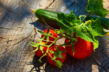 Image showing The concept of healthy eating with organic cucumber and tomatoes