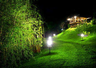 Image showing Wooden arbour at night