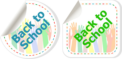 Image showing Back to school text on label tag stickers set isolated on white, education concept