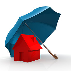 Image showing Red house under blue umbrella