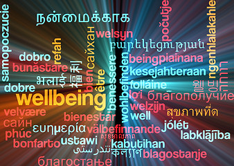 Image showing Wellbeing multilanguage wordcloud background concept glowing