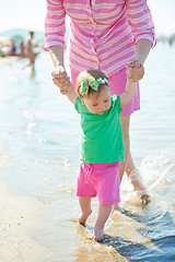 Image showing mom and baby on beach  have fun