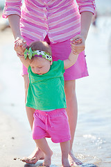 Image showing mom and baby on beach  have fun