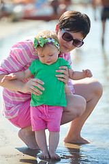 Image showing mom and baby on beach  have fun