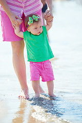 Image showing mom and baby on beach  have fun