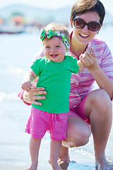 Image showing mom and baby on beach  have fun