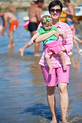 Image showing mom and baby on beach  have fun