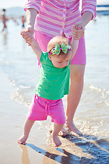 Image showing mom and baby on beach  have fun