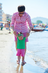 Image showing mom and baby on beach  have fun