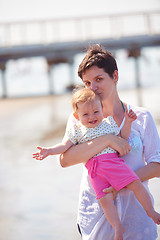 Image showing mom and baby on beach  have fun