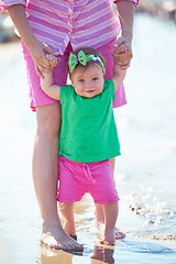 Image showing mom and baby on beach  have fun