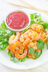 Image showing Fried shrimps with sauce