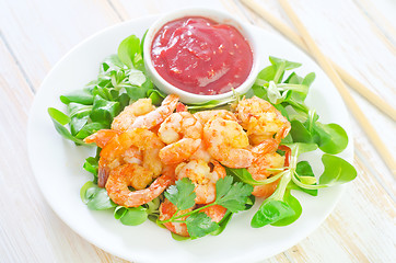 Image showing Fried shrimps with sauce