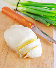 Image showing fresh mozzarella on the wooden board