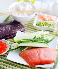 Image showing ingredients for sushi, sakmon and cucumber