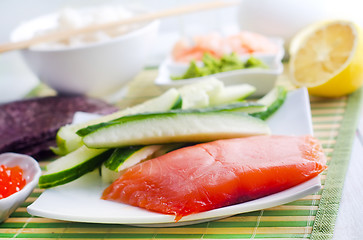 Image showing ingredients for sushi, sakmon and cucumber