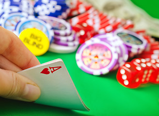 Image showing Card for poker in the hand, chips and card for poker