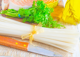 Image showing raw rice noodles and raw salmon