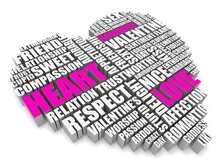 Image showing 3d group of words shaping a heart with pink white text