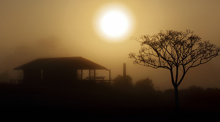 Image showing Foggy morning sunrise rural landscape