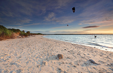 Image showing Kite Surfers at sunset on Silver Beach, Botany Bay Australia