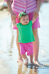 Image showing mom and baby on beach  have fun